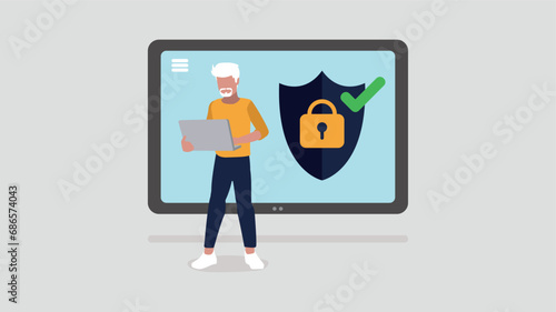 Ein Tablet mit sicherem Login-Symbol, ein Mann steht davor - Sicherheits Konzept