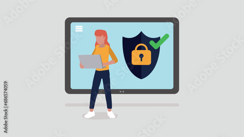 Ein Tablet mit sicherem Login-Symbol, ein Mann steht davor - Sicherheits Konzept