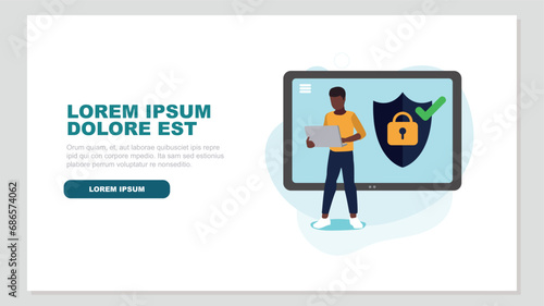 Ein Tablet mit sicherem Login-Symbol, ein Mann steht davor - Sicherheits Konzept