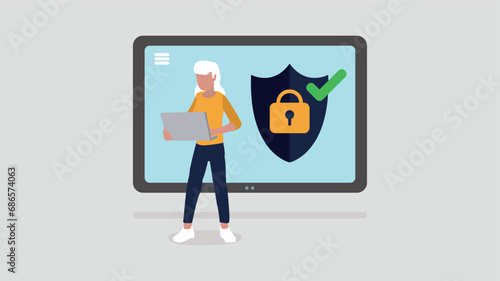 Ein Tablet mit sicherem Login-Symbol, ein Mann steht davor - Sicherheits Konzept