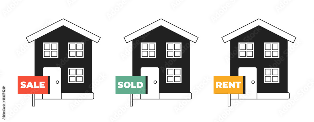 Real estate housing market black and white 2D illustration concept set. Apartment rent, sale house, sold home isolated cartoon outline objects. Residential metaphor monochrome vector art collection