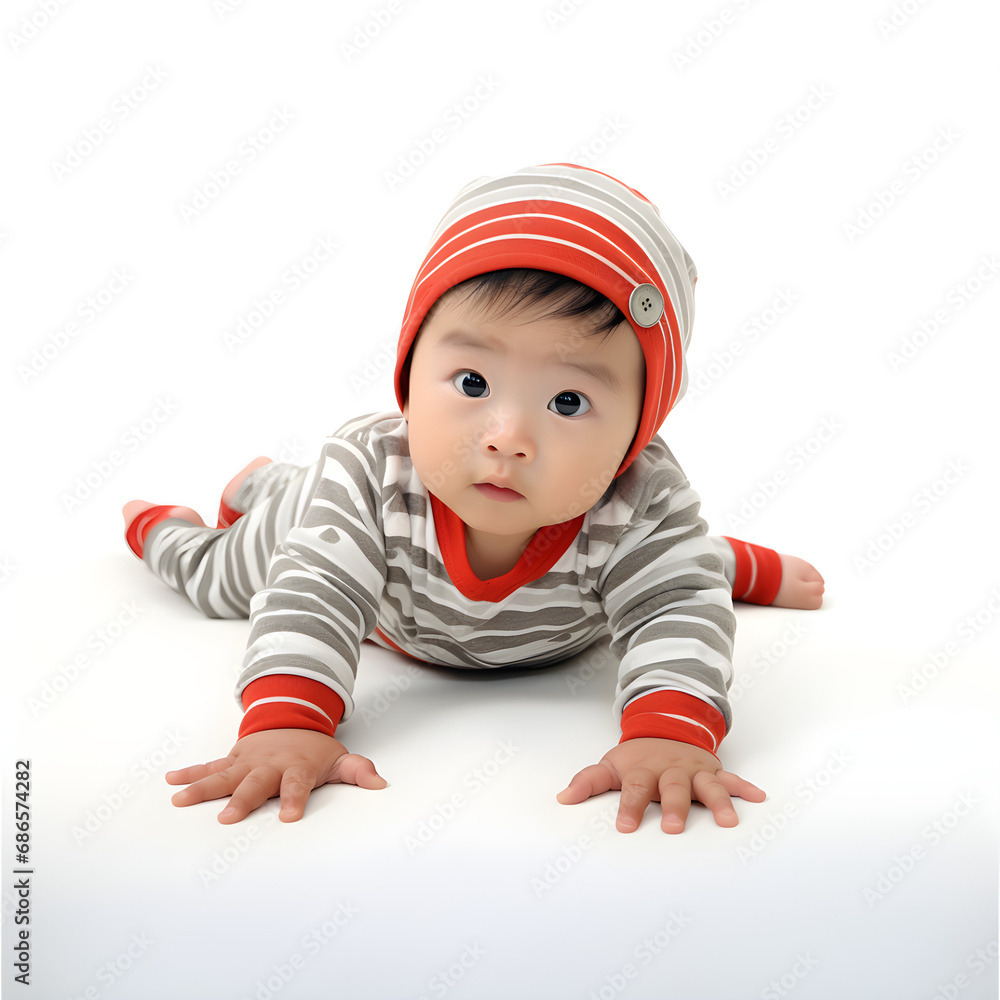 asian baby infant in a red hat looking at in white background asian baby infant in a red hat looking at in white background