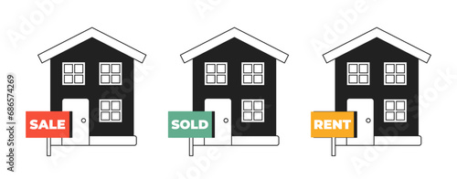 Real estate housing market black and white 2D illustration concept set. Apartment rent, sale house, sold home isolated cartoon outline objects. Residential metaphor monochrome vector art collection