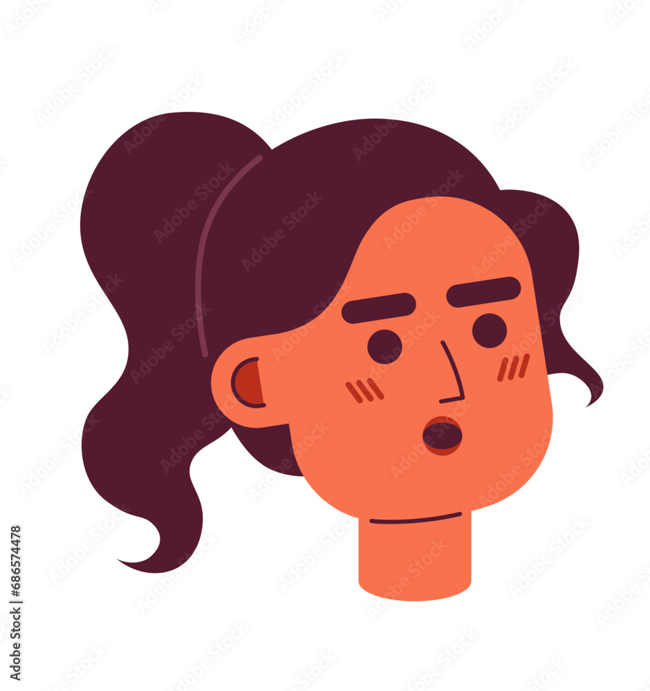 Hispanic ethnicity young woman surprised 2D vector avatar illustration. Wow astonished latina cartoon character face portrait. Brunette girl flat color user profile image isolated on white background