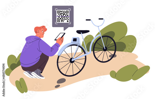 Cycling on rental bicycle. Young man scan qr code on bike, rent eco vehicle by smartphone. Person use service for booking urban transport. Flat isolated vector illustration on white background
