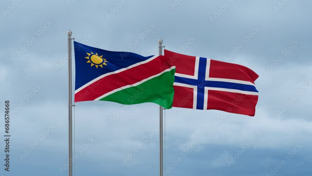Norway flag and Namibia flag waving together on cloudy sky, endless seamless loop, two country relations concept Norway flag and Namibia flag waving together on cloudy sky, endless seamless loop, two country relations concept