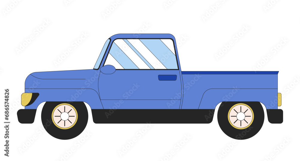 Car side view 2D linear cartoon object. Transport auto. Driving motor vehicle isolated line vector element white background. Van truck pick-up. Automobile pickup color flat spot illustration Car side view 2D linear cartoon object. Transport auto. Driving motor vehicle isolated line vector element white background. Van truck pick-up. Automobile pickup color flat spot illustration