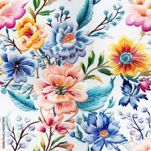 Seamless rainbow embroidery flowers decorative background