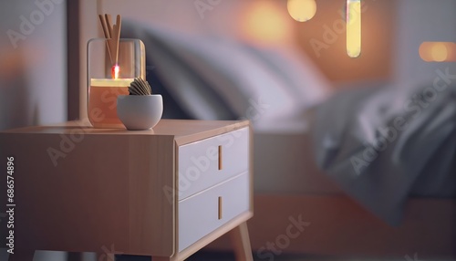 Bedside table night stand bed with a mock-up space for showcasing products and cosmetics. Modern bedroom interior design with a focus on practicality and aesthetic appeal. photo