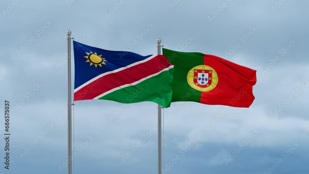Portugal and Namibia flag waving together on cloudy sky, endless seamless loop, two country cooperation concept Portugal and Namibia flag waving together on cloudy sky, endless seamless loop, two country cooperation concept