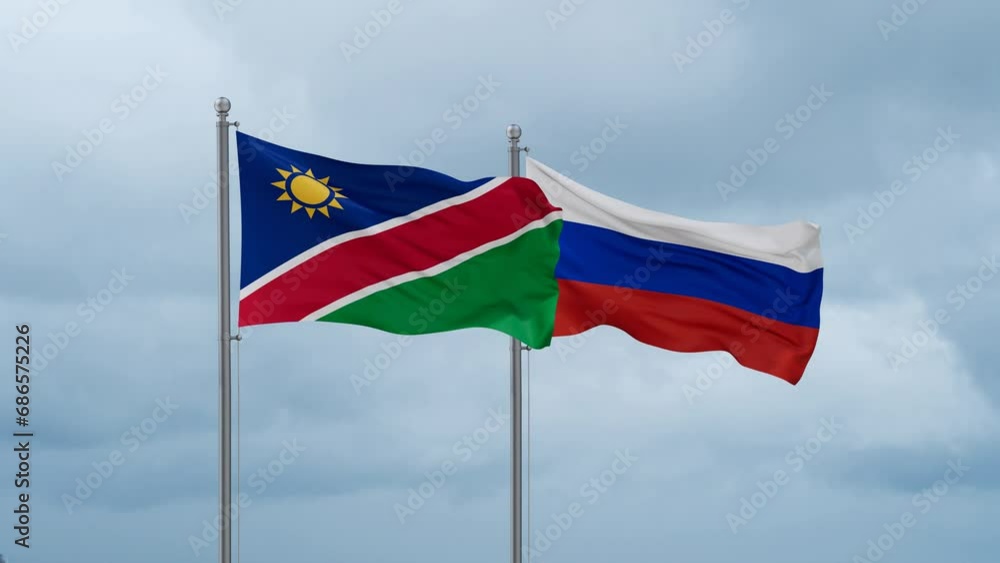 Russian Federation and Namibia flag waving together on cloudy sky, endless seamless loop Russian Federation and Namibia flag waving together on cloudy sky, endless seamless loop