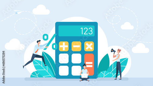 Calculator app. Tiny people with calculating. Math formulas and calculations, mathematics school, university lessons. Cartoon tiny people using calculator for homework. Accounting. Flat illustration photo