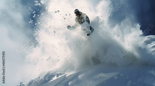 Aerial view of a snowboarder performing tricks in mid-air, showcasing the daring acrobatics of winter extreme sports.