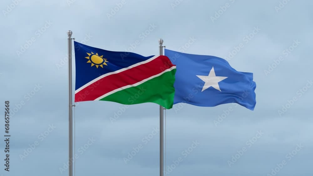 Somalia and Namibia flag waving together on cloudy sky, endless seamless loop, two country cooperation concept Somalia and Namibia flag waving together on cloudy sky, endless seamless loop, two country cooperation concept