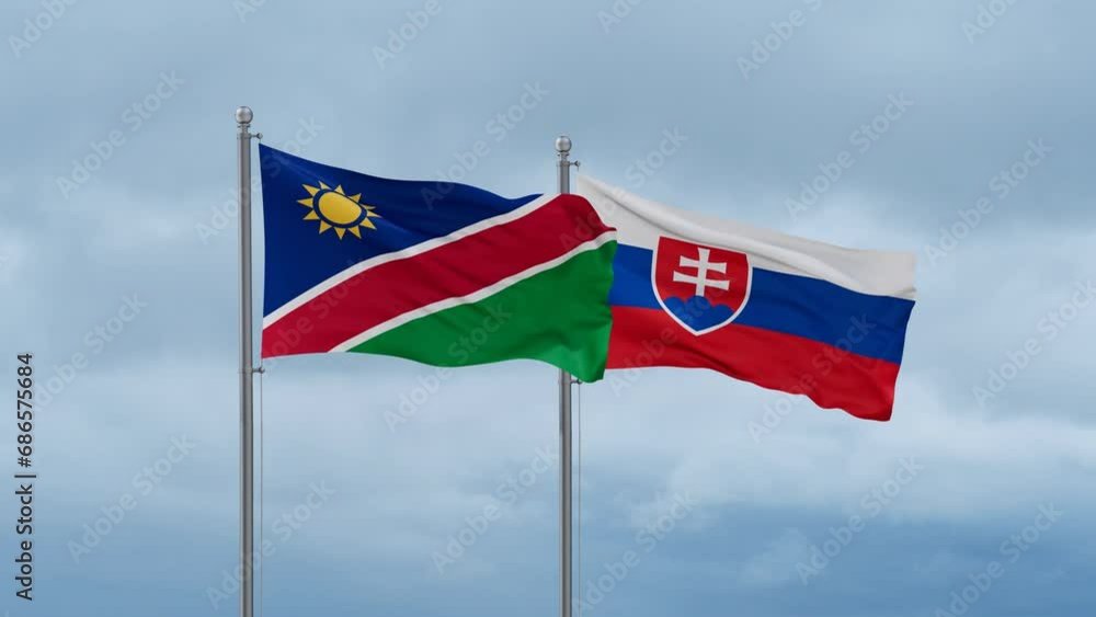 Slovak Republic or Slovakia and Namibia flag waving together on cloudy sky, endless seamless loop, two country cooperation concept Slovak Republic or Slovakia and Namibia flag waving together on cloudy sky, endless seamless loop, two country cooperation concept