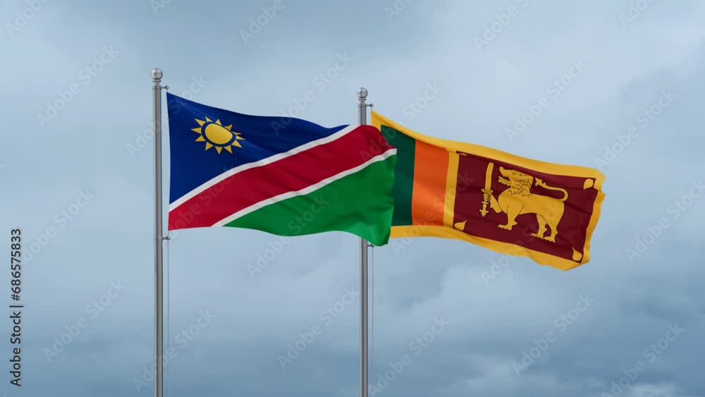 Sri Lanka and Namibia flag waving together on cloudy sky, endless seamless loop, two country cooperation concept Sri Lanka and Namibia flag waving together on cloudy sky, endless seamless loop, two country cooperation concept