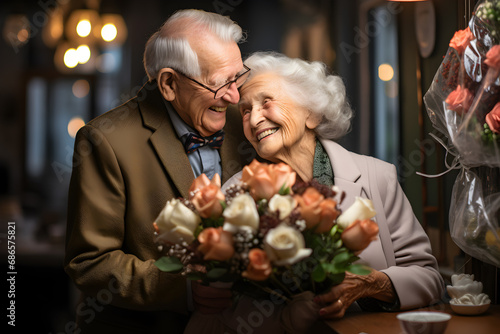 Elderly couple man and woman celebrating Valentine's Day, man giving woman a bouquet of flowers