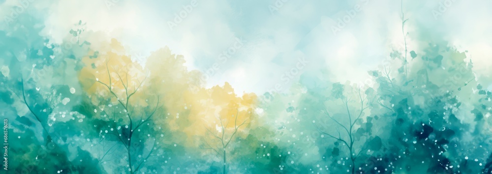 Abstract watercolor horizontal landscape background of green forest with trees. wallpaper or banner, copy space for text