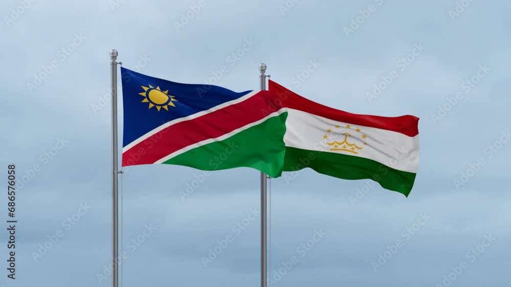 Tajikistan and Namibia flag waving together on cloudy sky, endless seamless loop, two country cooperation concept Tajikistan and Namibia flag waving together on cloudy sky, endless seamless loop, two country cooperation concept