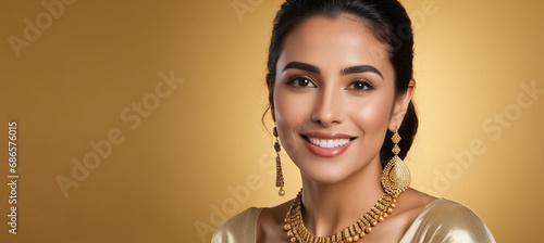 Beautiful Moroccan good woman nice fashion half body eye contact and background empty space for design in Morocco