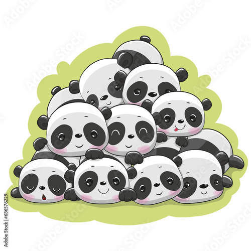 Сartoon pandas are lying on top of each other