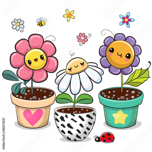 Cute flowers in the pots on a white background