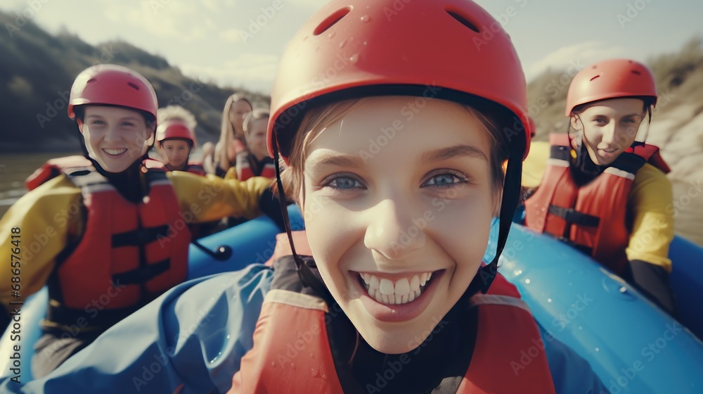 Emotional young woman makes selfie sailing boat with friend on river closeup. Happy tourists travel by small vessel along stream in forest. Smiling travel blogger records video of extreme journey Emotional young woman makes selfie sailing boat with friend on river closeup. Happy tourists travel by small vessel along stream in forest. Smiling travel blogger records video of extreme journey