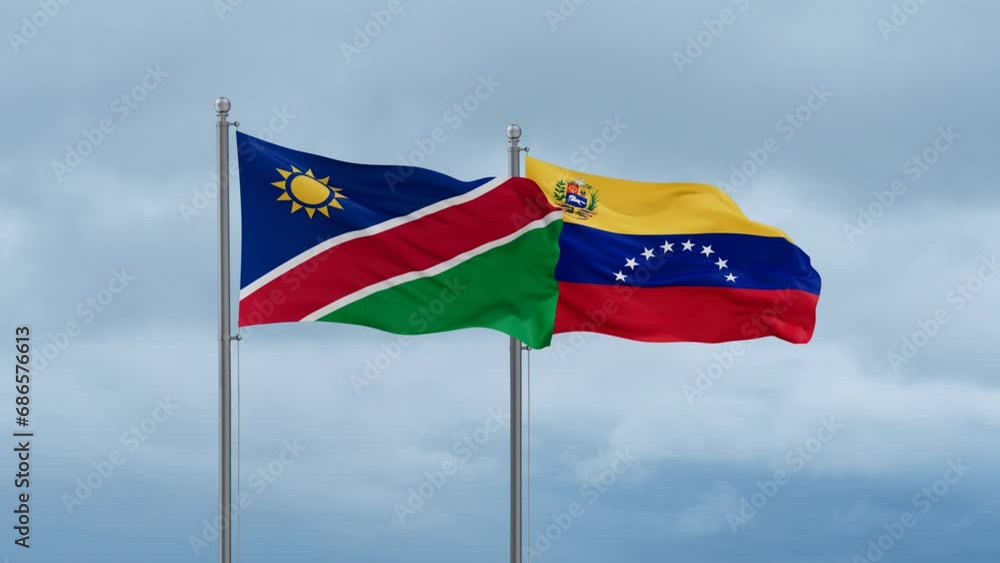 Venezuela and Namibia flag waving together on cloudy sky, endless seamless loop Venezuela and Namibia flag waving together on cloudy sky, endless seamless loop