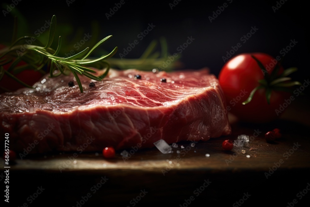 Gourmet Raw Beef Steak with Rosemary, Salt, and Peppercorns on Wooden Cutting Board
