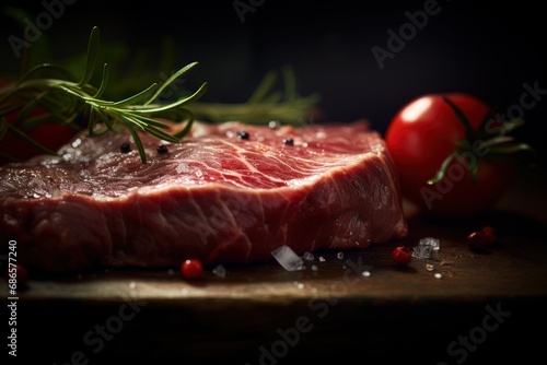 Gourmet Raw Beef Steak with Rosemary, Salt, and Peppercorns on Wooden Cutting Board