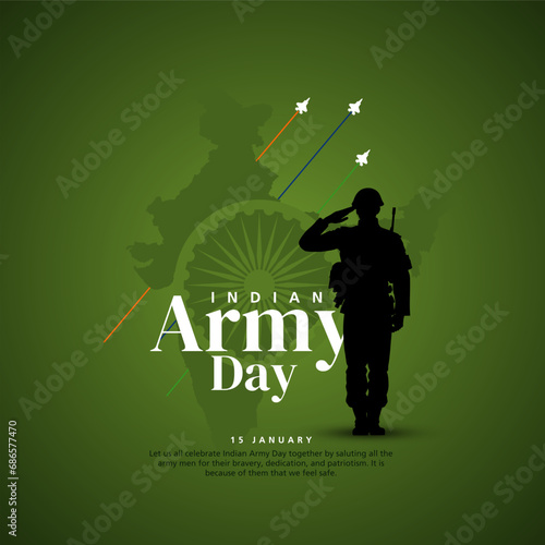 Vector illustration of Indian army day. Silhouette of soldier saluting concept on military green background. photo