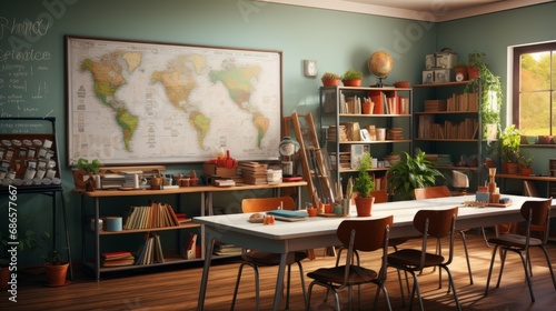 Interior of modern cozy school classroom. Light blue walls, wooden tables and chairs, large geographical map on the wall, stationary on the desks, many textbooks in the bookshelves.