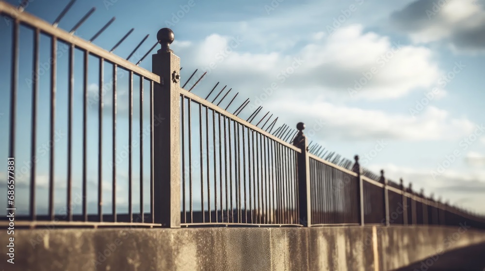 Obraz premium Guarded Fortress: intricacies of a military base with a closeup of the metal border fencing.