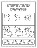Bull. Book page, drawing step by step. Black and white vector coloring page.