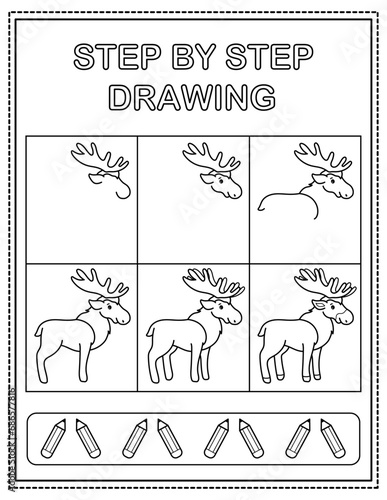 Moose. Book page, drawing step by step. Black and white vector coloring page.