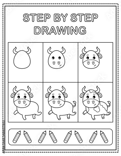 Bull. Book page, drawing step by step. Black and white vector coloring page.