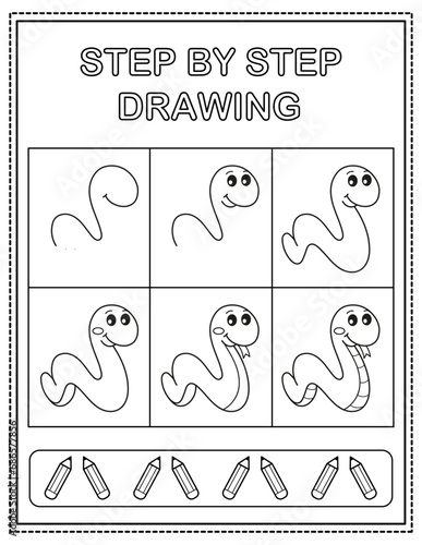 Snake. Book page, drawing step by step. Black and white vector coloring page.