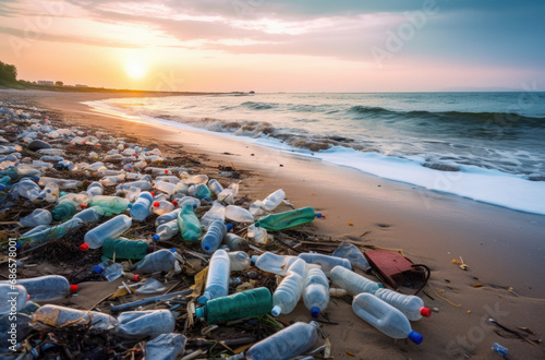 Plastic water bottles pollution in ocean. Environment concept.