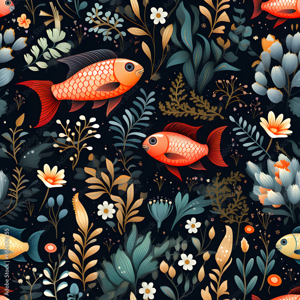 pattern with fishes. Seamless pattern background of underwater ecosystems and marine life with coral reefs and graceful sea creatures like tropical fish and sea turtle pattern with fishes. Seamless pattern background of underwater ecosystems and marine life with coral reefs and graceful sea creatures like tropical fish and sea turtle