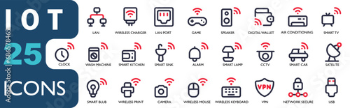 icon set theme IOT .contains vpn,network security,network,camera,printer,wireless technology,satelite,digital wallet,LAN,port.line color icons set, for apk, web and other designs.