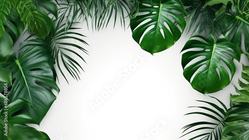 Isolate Dark green Monstera large leaves, philodendron tropical foliage plant growing in wild on white mable rock background concept for flat lay summer greenery leaf With generative ai photo