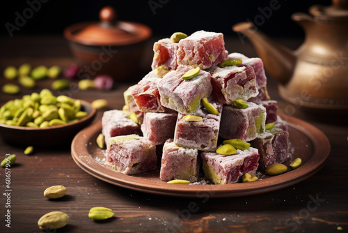 A heap of locum cubes with pistachios. Double roasted turkish delight on the clay plate