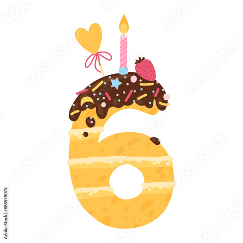 Number six birthday cake with chocolate icing, candy sprinkles. Biscuit with cream carved in the shape of the number 6. Vector illustration in simple cartoon hand-drawn style. Colorful isolate.
