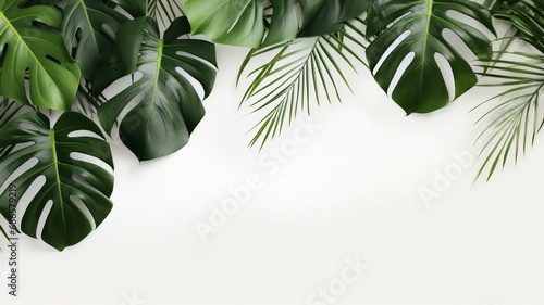 Isolate Dark green Monstera large leaves, philodendron tropical foliage plant growing in wild on white mable rock background concept for flat lay summer greenery leaf With generative ai