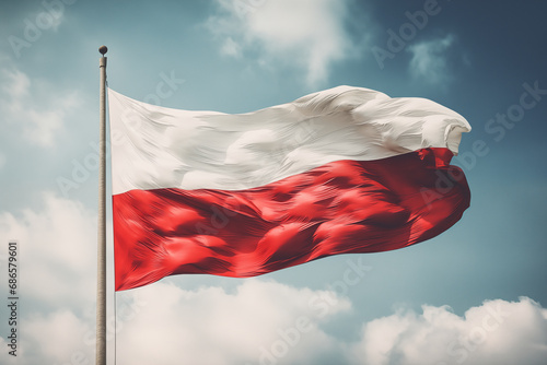 The national flag of Poland waving on a blue with clouds sky, background