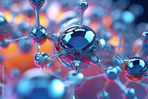 Abstract science background with bubbles on water. Blue molecule atoms structures on blue liquid serum background. Science molecular water drop DNA model structure atoms bacgkround medical.