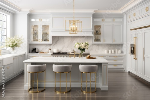 Interior of modern luxurious kitchen classic style. White cabinets with gilded handles, kitchen island with white marble countertop, built-in home appliances, vintage pendant lights. Home design. photo