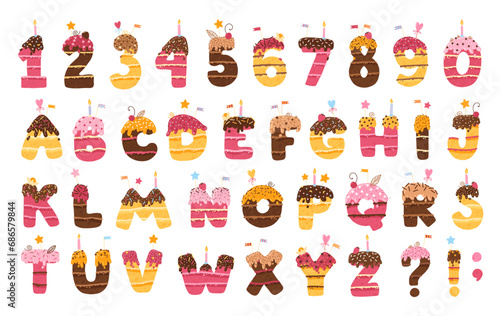 ABC alphabet and numbers. Birthday cake with chocolate icing, and decors. Multicolored biscuit with cream carved in the shape of the English letter. Vector illustration in cartoon hand-drawn style.