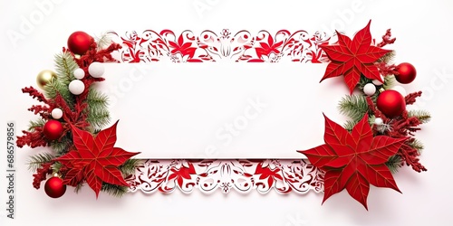 Festive frame. Christmas celebration with decorative red and white border. Winter wonderland. Blank xmas card with seasonal decorations and copy space