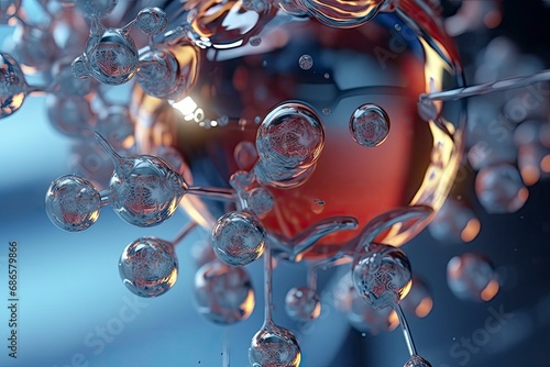 Abstract science background with bubbles on water. Blue molecule atoms structures on blue liquid serum background. Science molecular water drop DNA model structure atoms bacgkround medical.